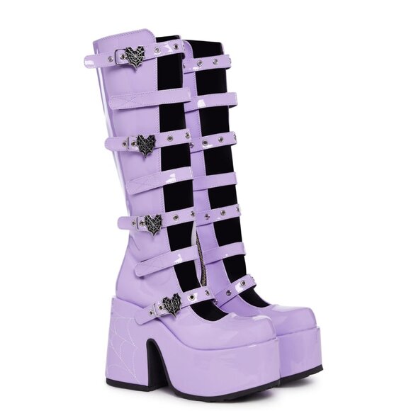 Dolls Kill Platform Knee High Boots 💜 Glow in the Dark Spiderwebs 💜 Size 9 - Picture 1 of 6